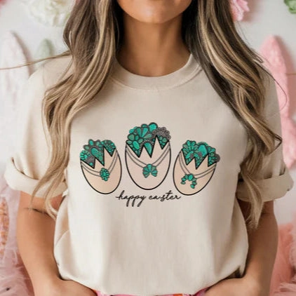 Stylish and Cozy Street Ready Online Exclusive | Concho and Turquoise Filled Easter Eggs Graphic Tee in Cream