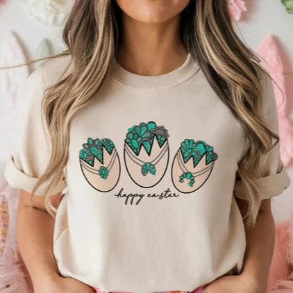 Online Exclusive | Concho and Turquoise Filled Easter Eggs Graphic Tee in Cream TearResistant Fabric Sustainable Dye Process
