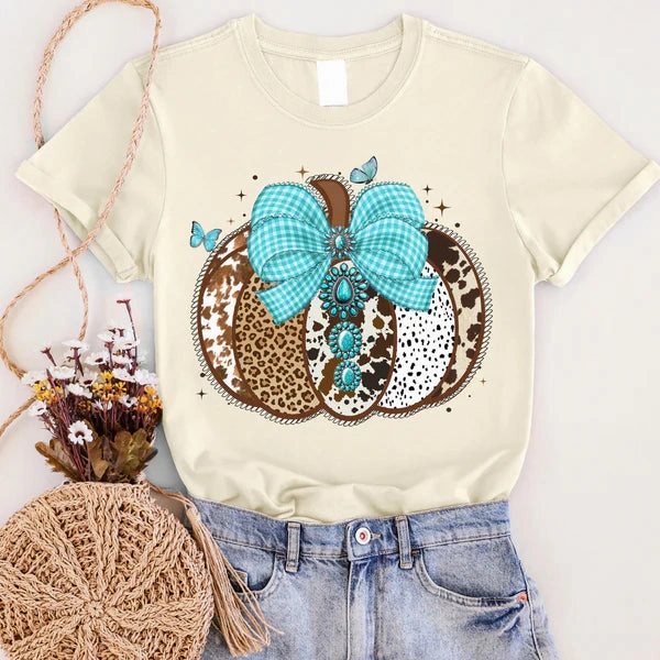 Online Exclusive | Concho Turquoise Pumpkin Graphic on Short Sleeve Tee in Natural Cream FadeResistantPrint