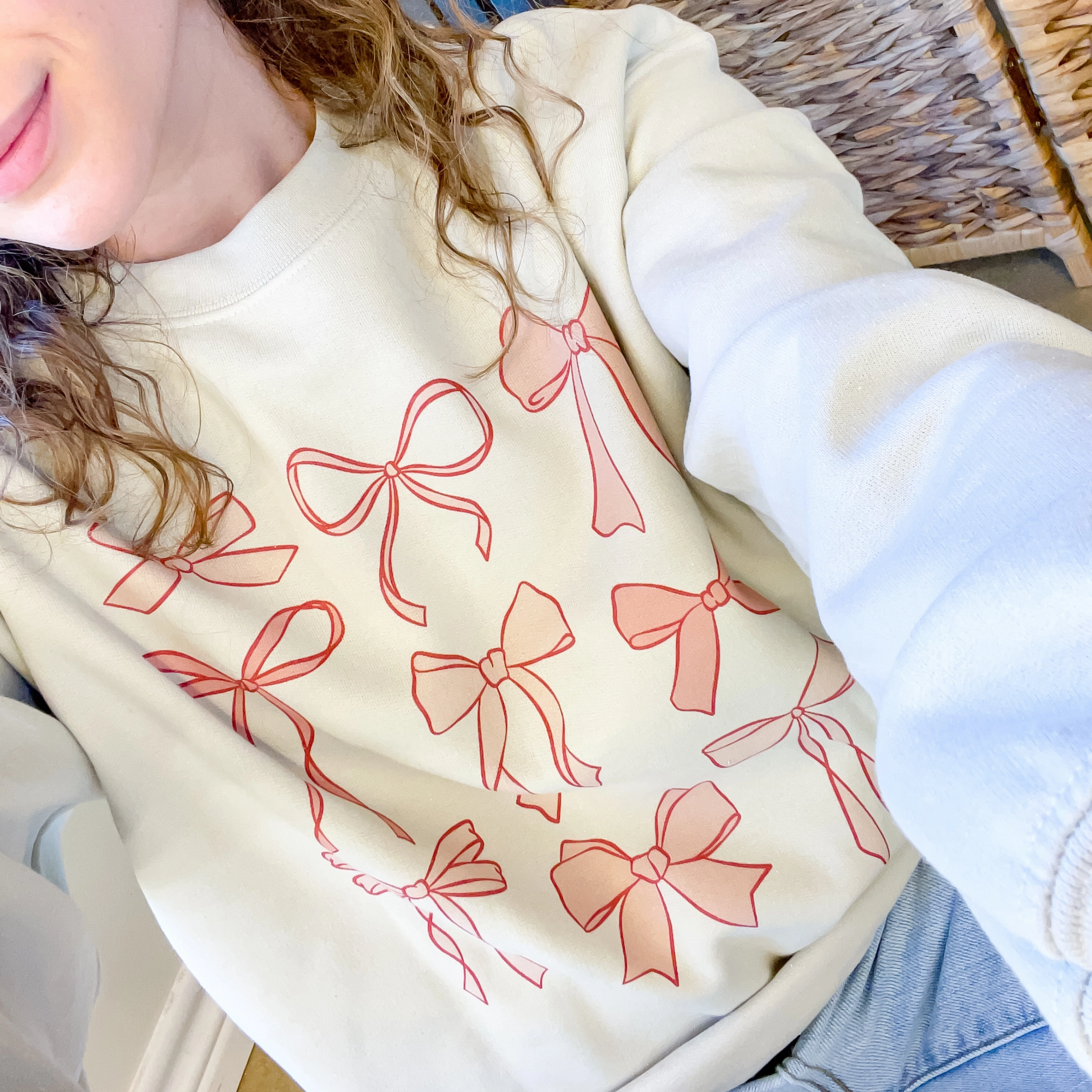 Online Exclusive | Coquette Bow Long Sleeve Graphic Sweatshirt in Cream Layering Options Summer Wardrobe