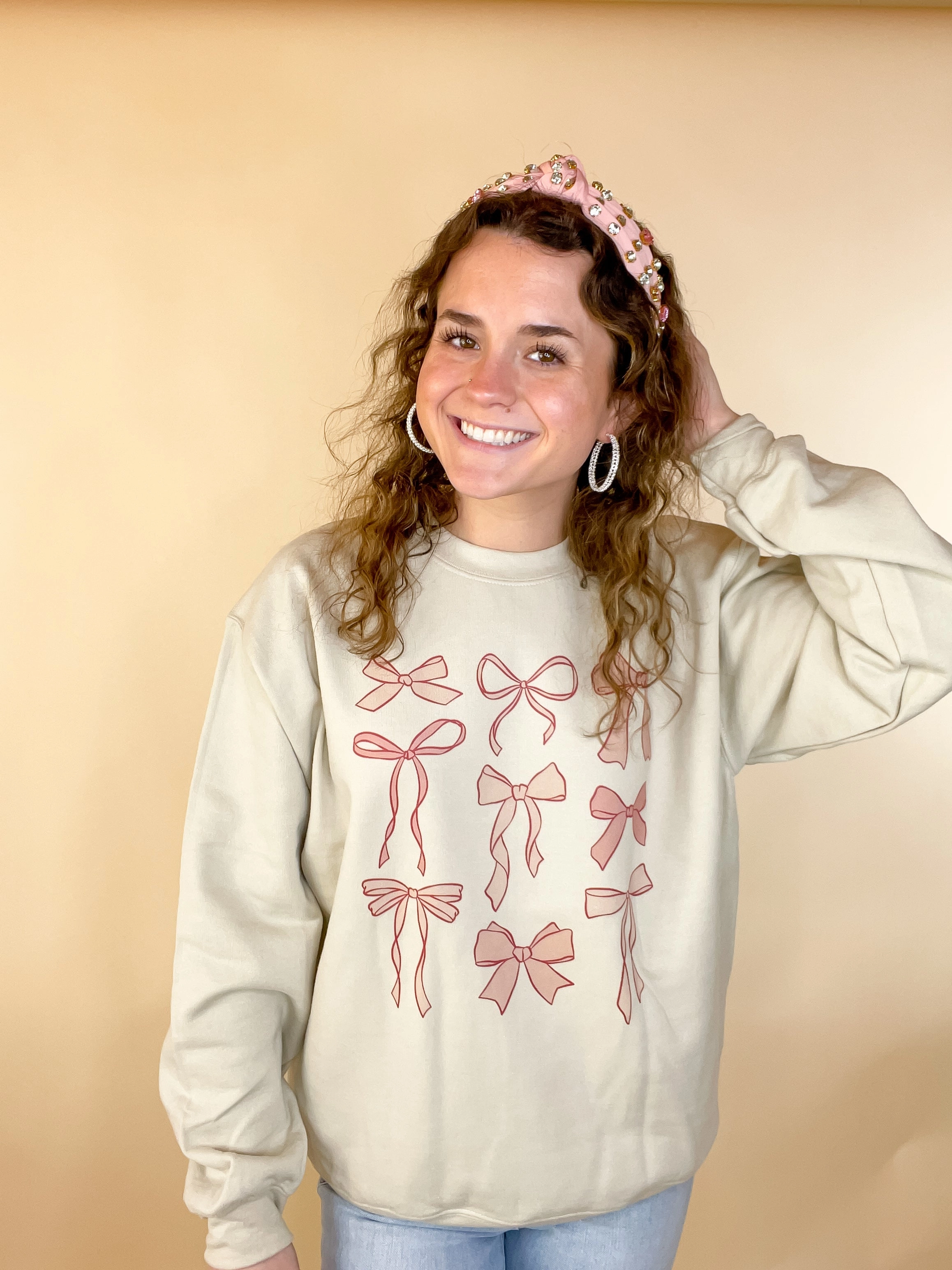 Timeless Piece Online Exclusive | Coquette Bow Long Sleeve Graphic Sweatshirt in Cream