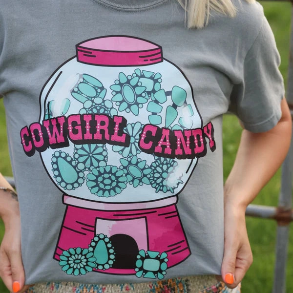 Online Exclusive | Cowgirl Candy Graphic on Short Sleeve Comfort Color Tee in Grey anniversary Comfort Design