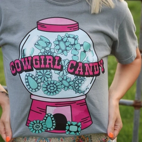 Online Exclusive | Cowgirl Candy Graphic on Short Sleeve Comfort Color Tee in Grey anniversary Comfort Design