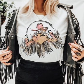 Online Exclusive | Cowgirl with Fringe Graphic Tee in White Sharp Look