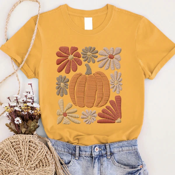Relaxed Design Online Exclusive | Daisy Pumpkin Graphic on Short Sleeve Tee in Mustard Yellow