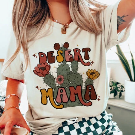 Online Exclusive | Desert Mama Graphic Tee in Cream Wicking Interlock Knit Colorfast Material