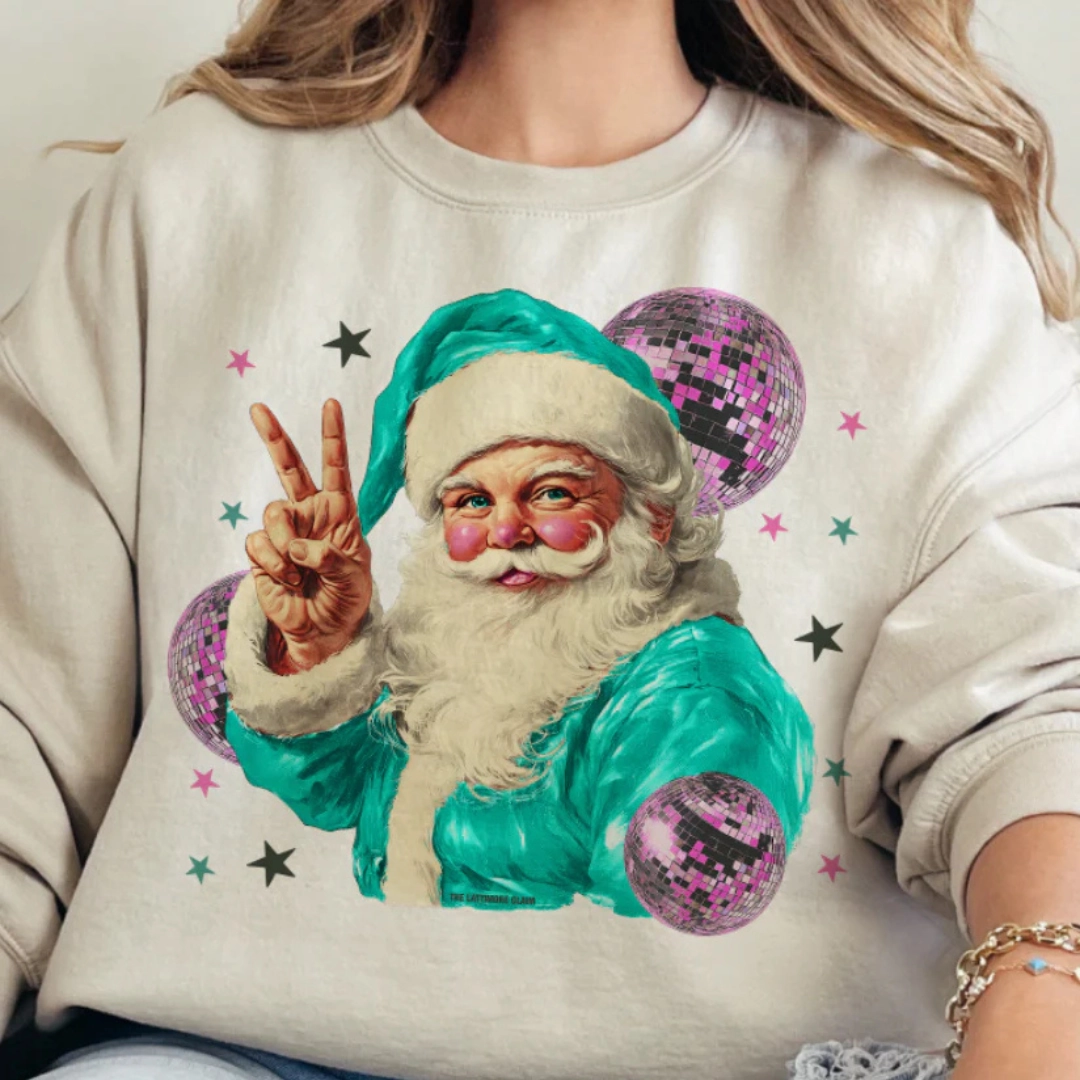 Cross Grain Knit Non Iron Fabric Online Exclusive | Disco Santa Peace Hand Graphic Sweatshirt in Cream