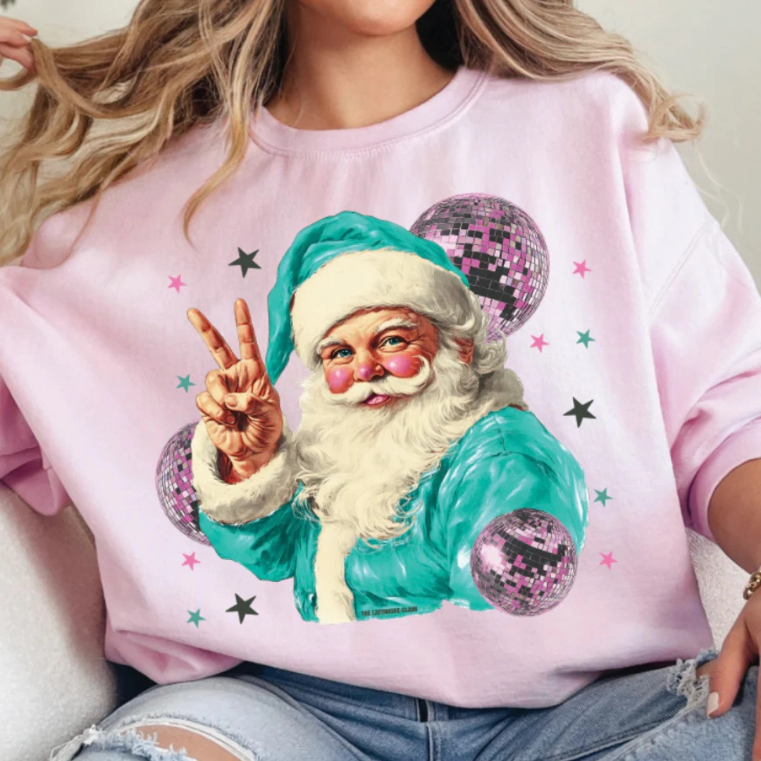 Travel Friendly Online Exclusive | Disco Santa Peace Hand Graphic Sweatshirt in Pink