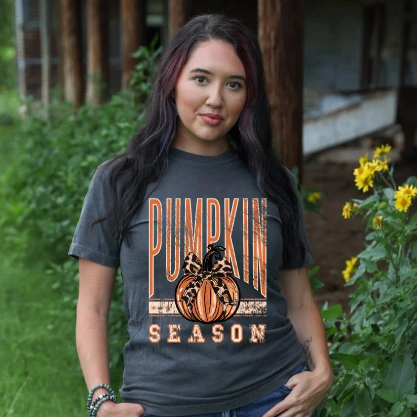 Online Exclusive | Distressed Pumpkin Season Graphic on Short Sleeve Comfort Color Tee in Pepper Black coordinate with other items Anti Pilling Finish