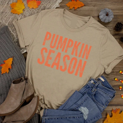 Online Exclusive | Distressed Pumpkin Season Graphic on Short Sleeve Tee in Savana Brown Quick Dry Material Set In Sleeve