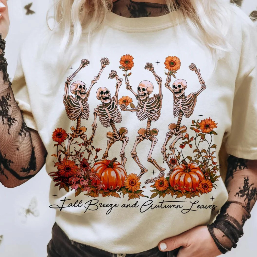 Heather Texture Finish Online Exclusive | Fall Breeze & Autumn Leaves Dancing Skeletons Graphic Tee in Cream