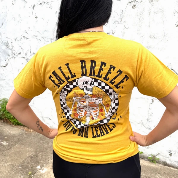 No Slip Shoulder Design Online Exclusive | Fall Breeze Skeleton Graphic on Short Sleeve Tee in Mustard Yellow