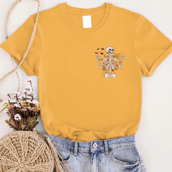 Online Exclusive | Fall Breeze Skeleton Graphic on Short Sleeve Tee in Mustard Yellow black friday