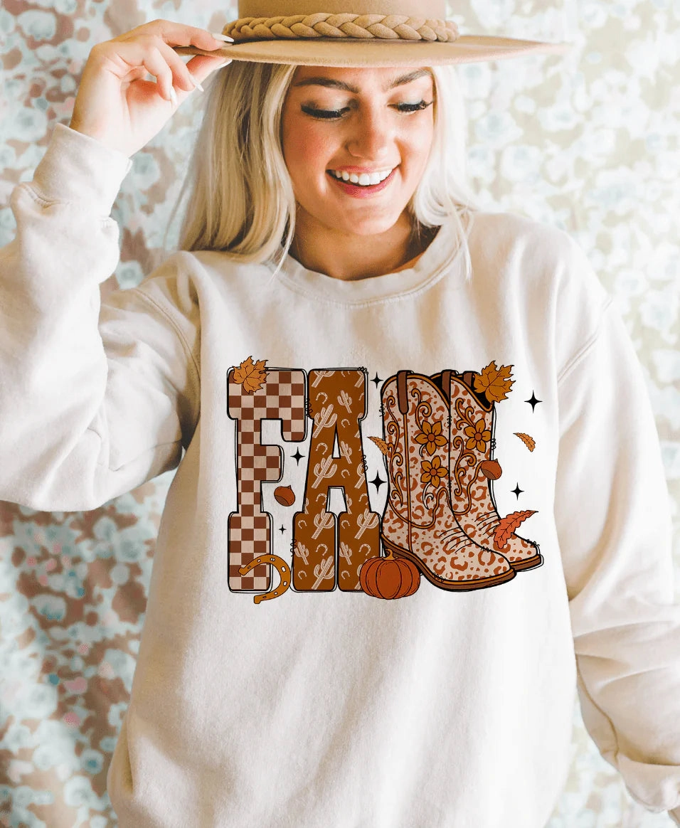 Easy Wear Style Online Exclusive | Fall Feelin' Boots Graphic on Tee & Sweatshirt Option  - Cream