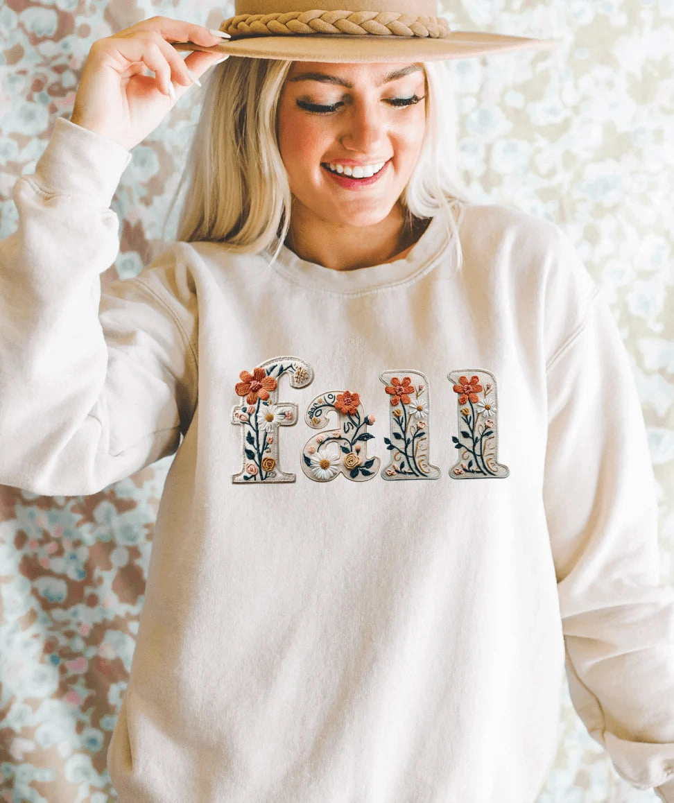 Online Exclusive | Fall Floral Faux Embroidered Graphic on Tee & Sweatshirt Option Timeless and Chic