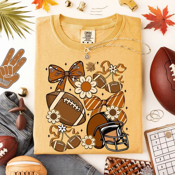Online Exclusive | Fall Football Collage Graphic on Short Sleeve Comfort Color Tee in Mustard Yellow Sleek Waistband Ribbed collar