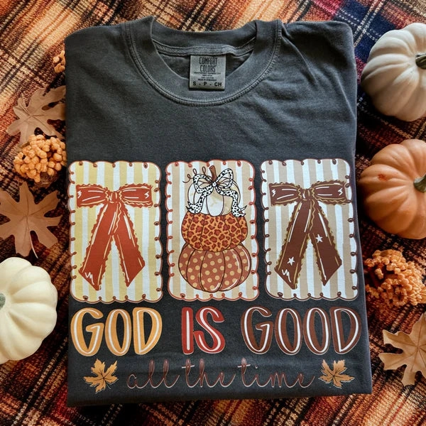 Online Exclusive | Fall God is Good Graphic on Short Sleeve Comfort Color Tee in Pepper Black EasyCareFabric UV Protective Fabric