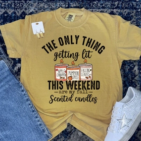 Fashion Layering Hydrophobic coating Online Exclusive | Fall Lit Candle Graphic on Short Sleeve Comfort Color Tee in Mustard Yellow