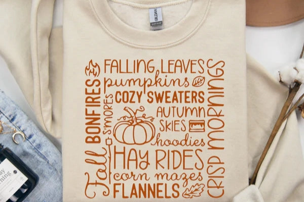 Comfy Waistband Online Exclusive | Fall Words Collage Long Sleeve Graphic Sweatshirt in Tan