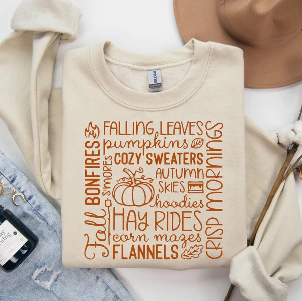 Online Exclusive | Fall Words Collage Long Sleeve Graphic Sweatshirt in Tan Relaxed fit style
