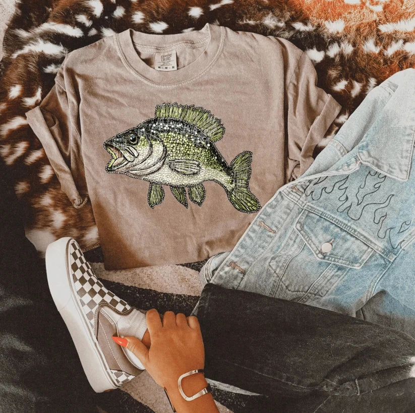 Online Exclusive | Faux Rhinestone Bass Fishing Graphic on Comfort Color Shot Sleeve Tee in Espresso Brown Lightweight Wear Button Down