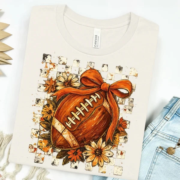 Online Exclusive | Floral Football with Bow Graphic on Short Sleeve Tee in Oatmeal Tan Unisex Street Trend Look