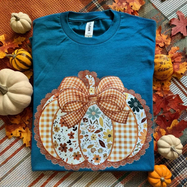 Online Exclusive | Floral Plaid Bow Pumpkin Graphic on Short Sleeve Tee in Teal Urban Trend