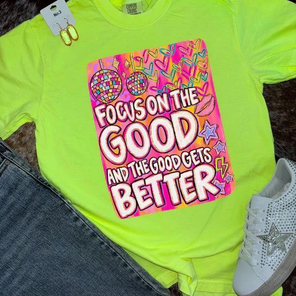 Online Exclusive | Focus on the Good Graphic on Short Sleeve Comfort Color Tee in Neon Lemon Trendy Top