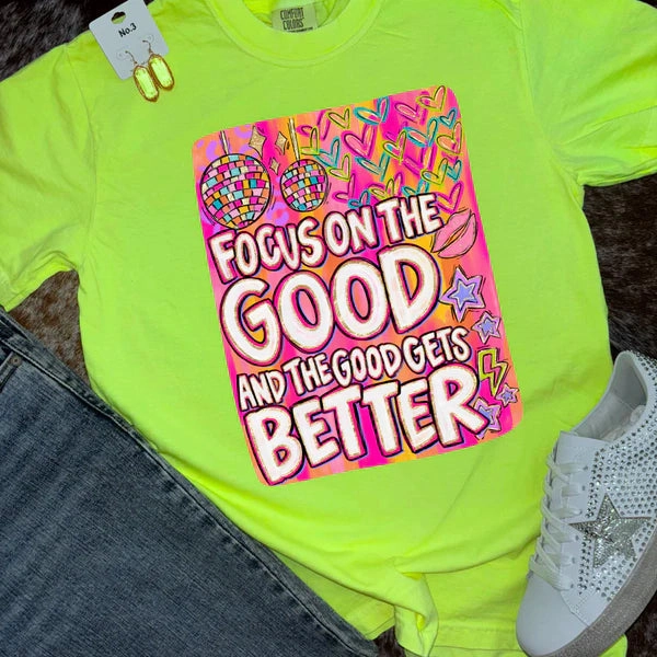 Printed Logo Low Profile Collar Online Exclusive | Focus on the Good Graphic on Short Sleeve Comfort Color Tee in Neon Lemon