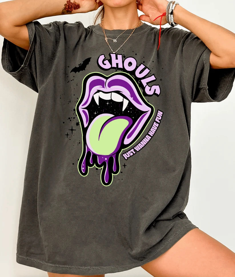 Online Exclusive | Ghouls Just Want To Have Fun Halloween Graphic on Short Sleeve Comfort Color Tee in Pepper Black Urban Style Trend Elegant Detail