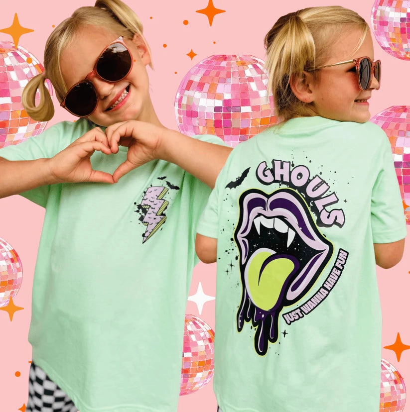 Performance Stretch Online Exclusive | Ghouls Just Want To Have Fun Halloween Graphic on Short Sleeve Tee Shirt in Neo Mint - Adult & Youth Sizes