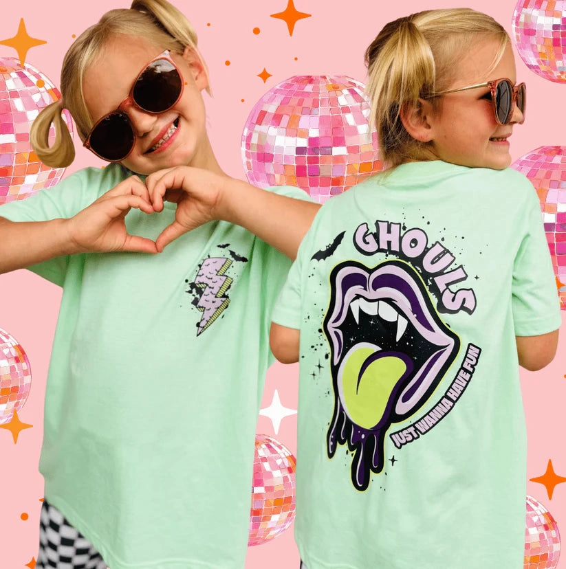 Anti Shrinkage Treatment Breathable knit Online Exclusive | Ghouls Just Want To Have Fun Halloween Graphic on Short Sleeve Tee Shirt in Neo Mint - Adult & Youth Sizes