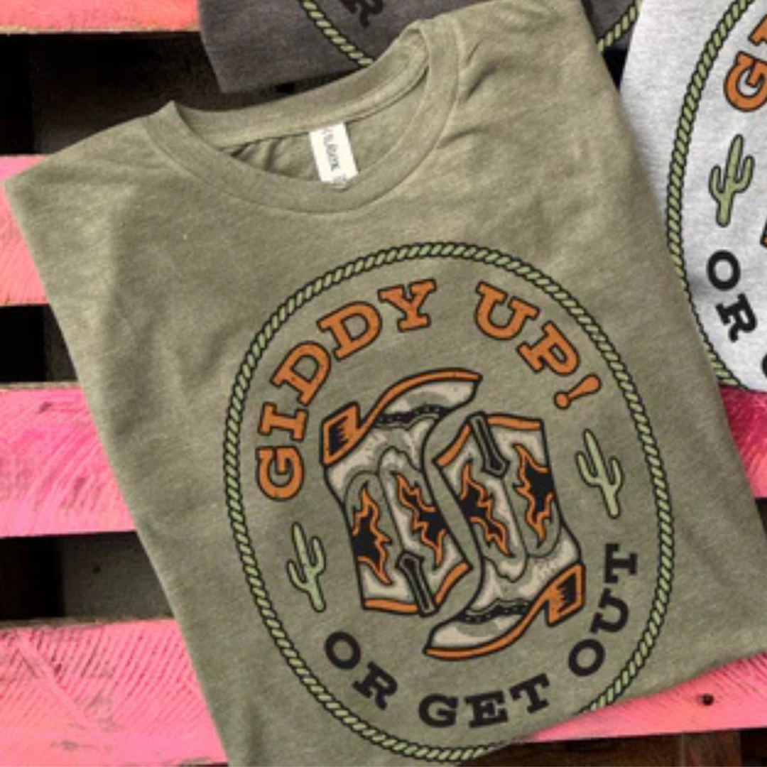 Online Exclusive | Giddy Up or Get Out Graphic Tee in Multiple Color Options Sporty Appeal Long Lasting Color