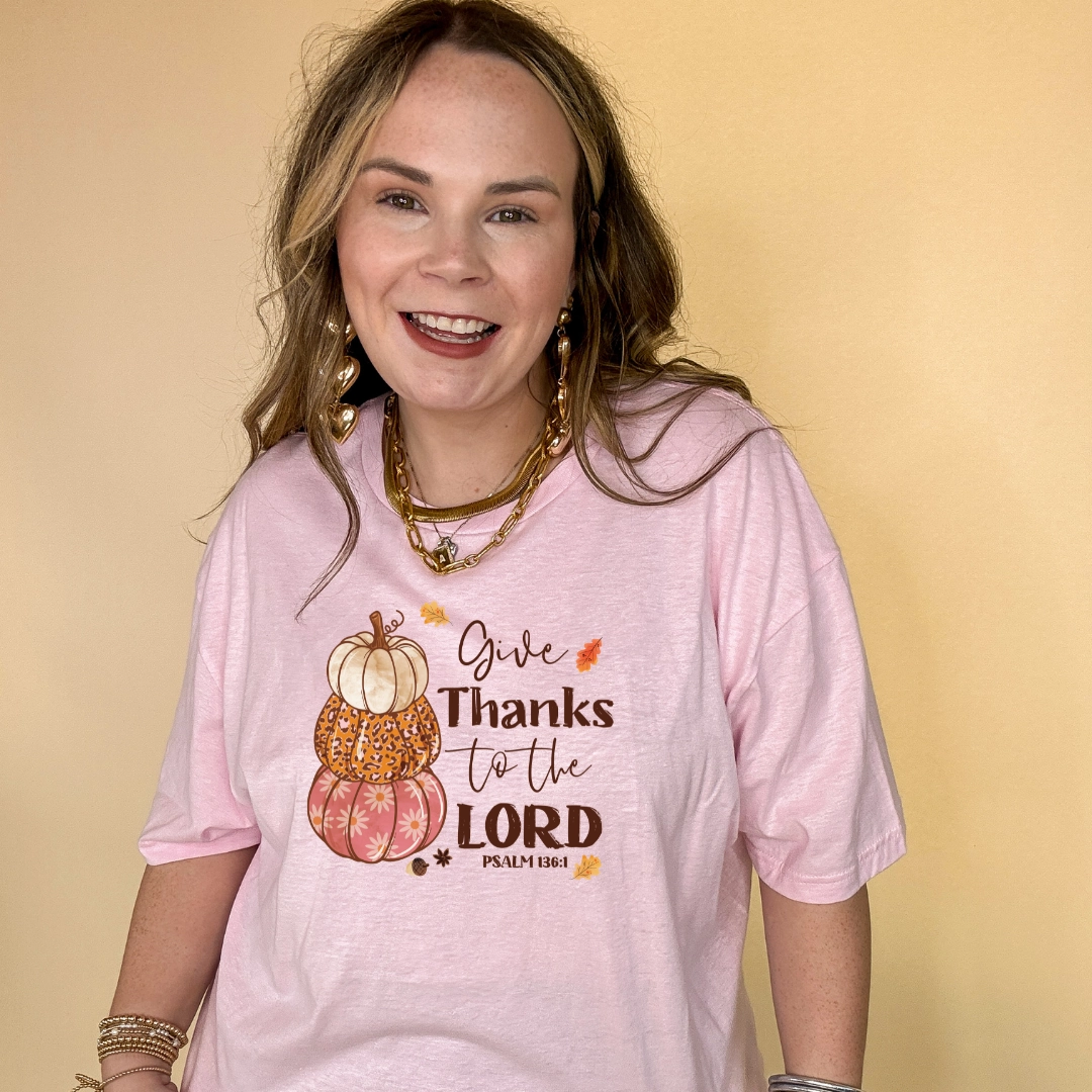 SoftenedNeckline Yoga flexibility Online Exclusive | Give Thanks to the Lord Psalm 136:1 Stack of Pumpkins Graphic Tee in Multiple Color Options