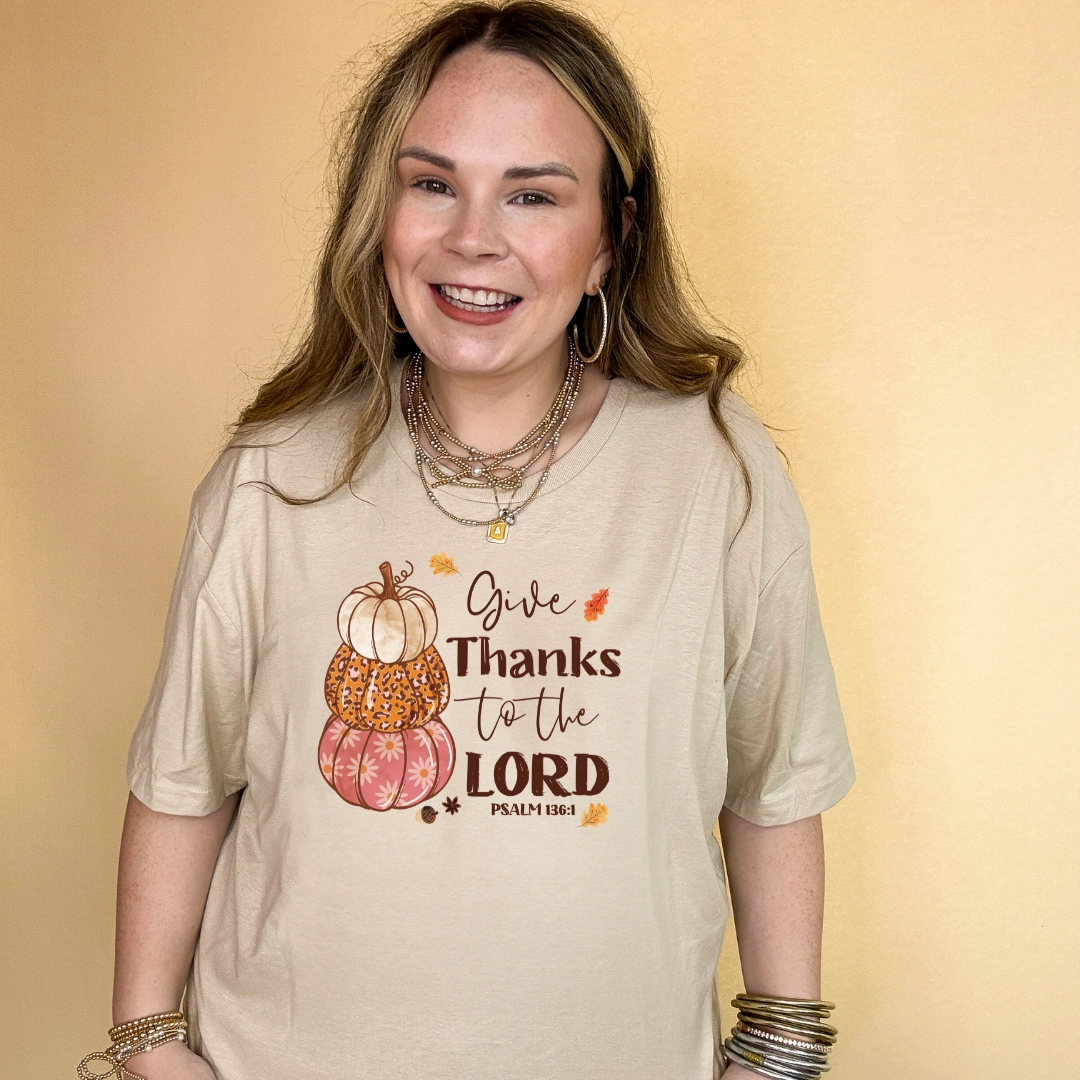 Online Exclusive | Give Thanks to the Lord Psalm 136:1 Stack of Pumpkins Graphic Tee in Multiple Color Options StretchFabric Casual Style Wear