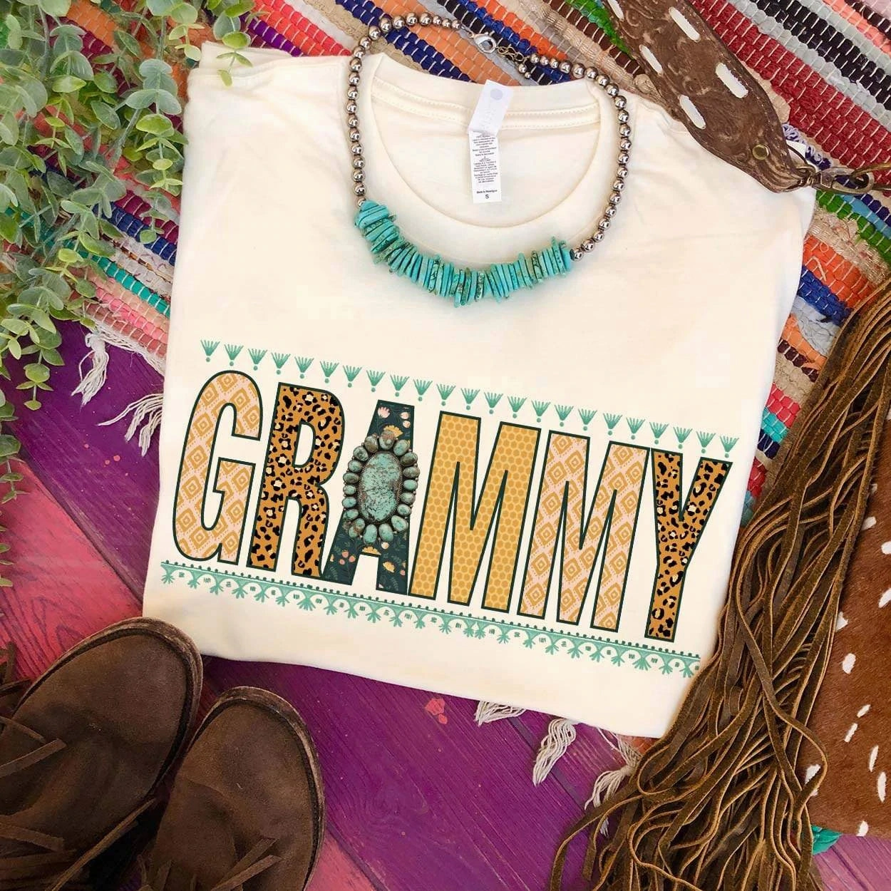 Online Exclusive | Grammy Short Sleeve Graphic Tee in Cream Anti Odor Treatment Multi Panel Design