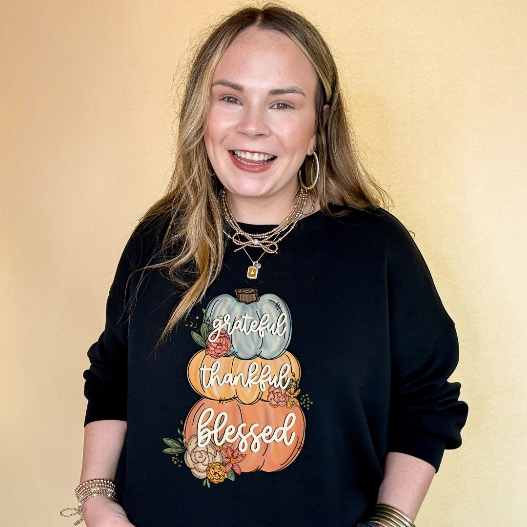 Casual and Soft Online Exclusive | Grateful, Thankful, Blessed Stacked Pumpkins and Floral Arrangement Graphic Sweatshirt in Multiple Color Options