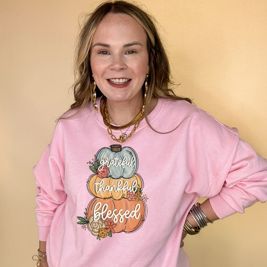 Comfy Wear Fit Light and Soft Online Exclusive | Grateful, Thankful, Blessed Stacked Pumpkins and Floral Arrangement Graphic Sweatshirt in Multiple Color Options