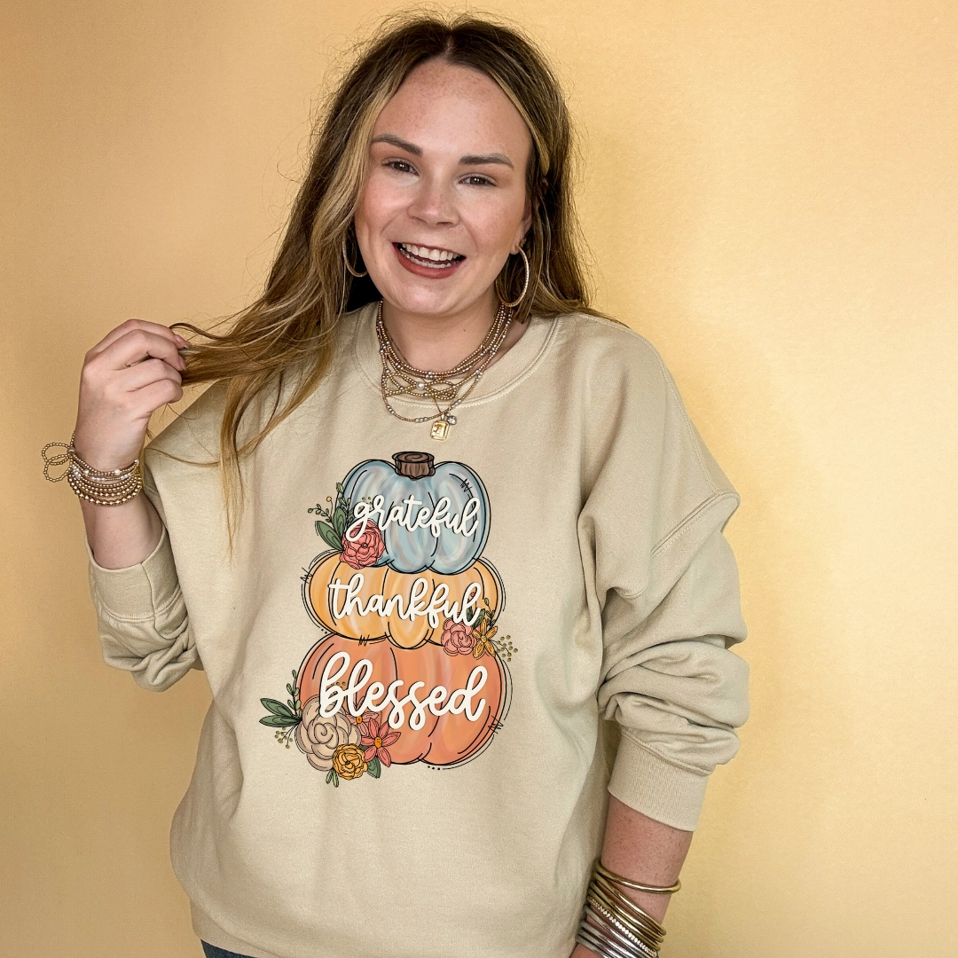 Everyday apparel Online Exclusive | Grateful, Thankful, Blessed Stacked Pumpkins and Floral Arrangement Graphic Sweatshirt in Multiple Color Options