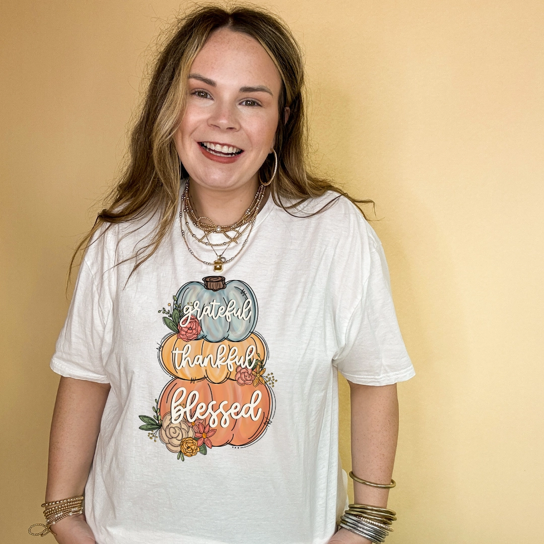 Online Exclusive | Grateful, Thankful, Blessed Stacked Pumpkins and Floral Arrangement Graphic Tee in Multiple Color Options All Day Flex Bold Comfort