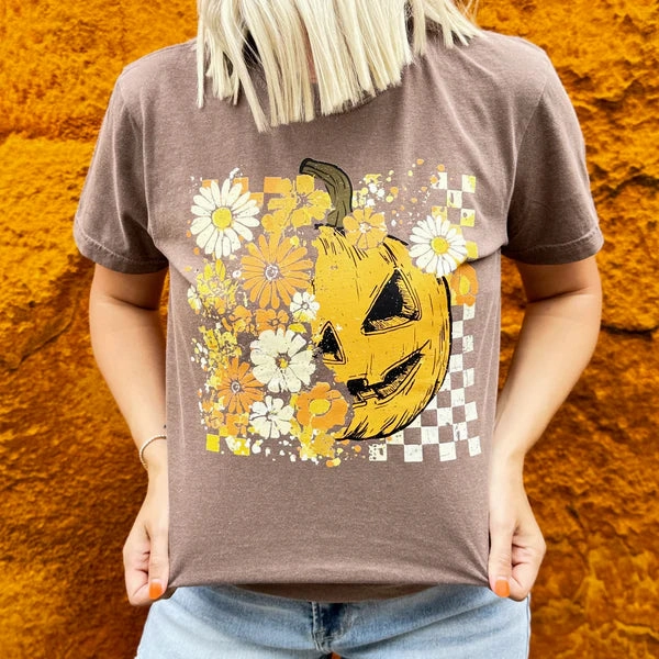 Zero Waste Production Sporty Look Online Exclusive | Half Pumpkin Half Flowers Short Sleeve Comfort Color Graphic Tee in Espresso Brown