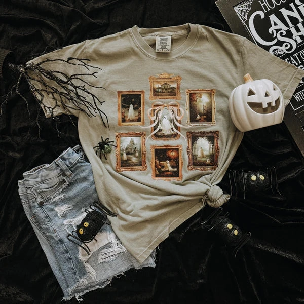 Button Down Online Exclusive | Haunted Gallery Graphic on Short Sleeve Comfort Color Tee in Sandstone Light Tan
