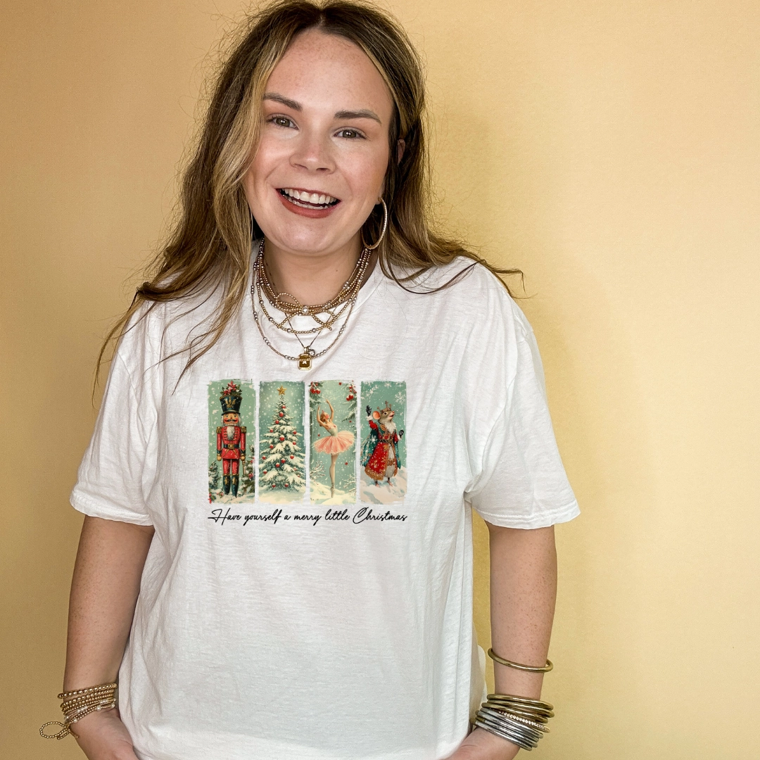 Layered Hem Design Stylish and Cozy Online Exclusive | Have Yourself a Merry Little Christmas Holiday Icons Graphic Tee in Multiple Color Options