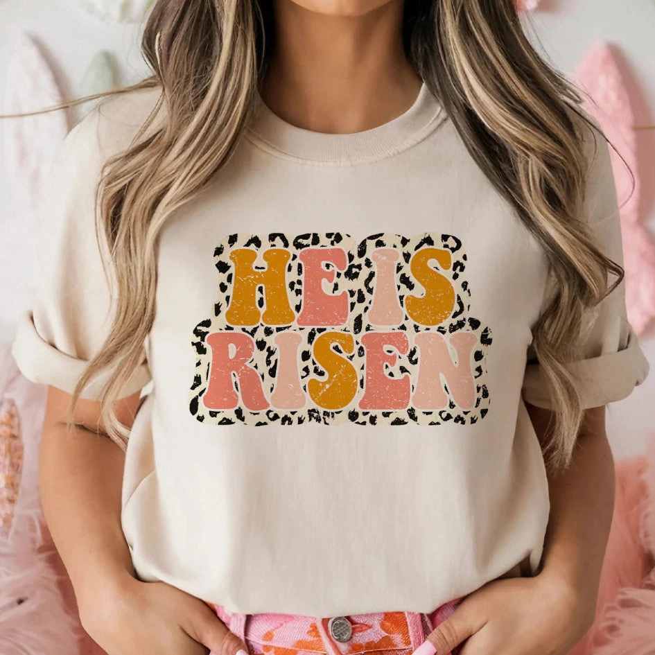 All-Season Comfort Edgy Online Exclusive | He is Risen Cheetah Print Graphic Tee in Cream