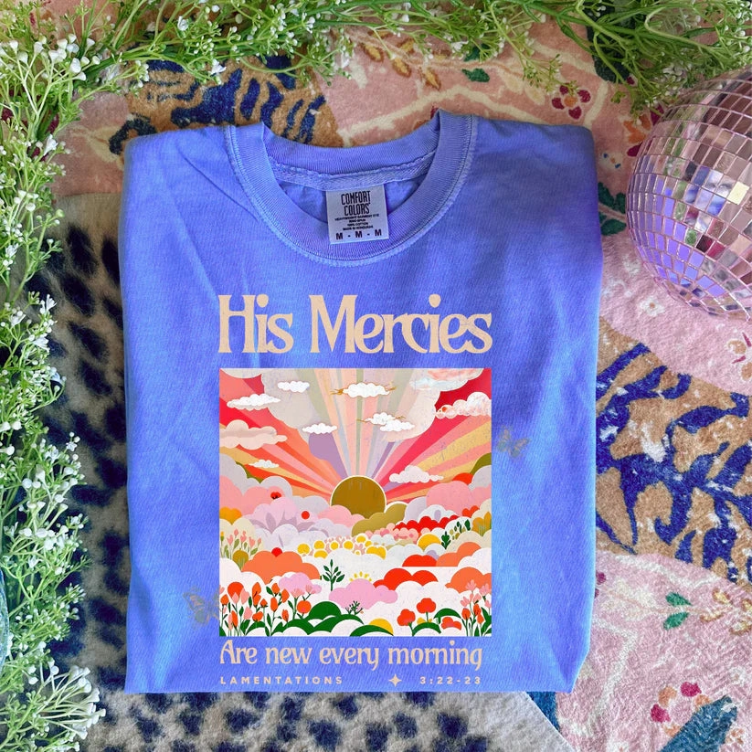 Online Exclusive | His Mercies Comfort Color Graphic Tee in Periwinkle Blue Casual Flex Design Seasonal Comfort Style