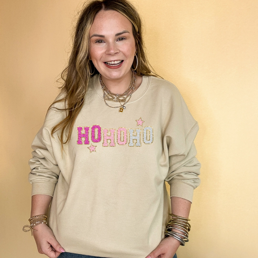 Online Exclusive | Ho Ho Ho Faux Chenille Letters Graphic Sweatshirt in Multiple Color Options Chic Vibe