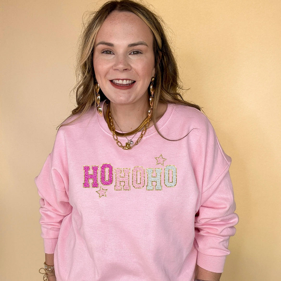 ZeroWaste Production Durable Ribbed Hem Online Exclusive | Ho Ho Ho Faux Chenille Letters Graphic Sweatshirt in Multiple Color Options