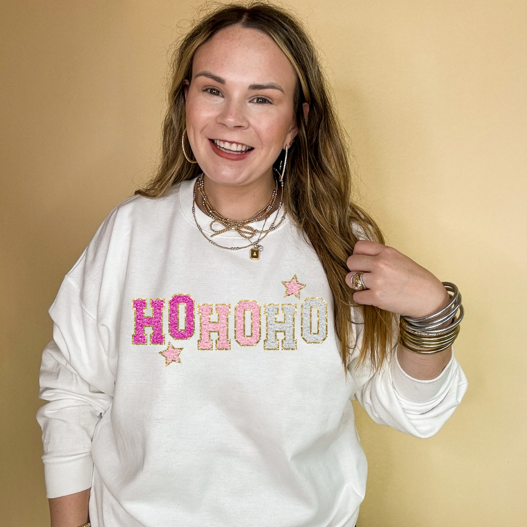 Online Exclusive | Ho Ho Ho Faux Chenille Letters Graphic Sweatshirt in Multiple Color Options Flexible Ribbed Neckline Layered Collar
