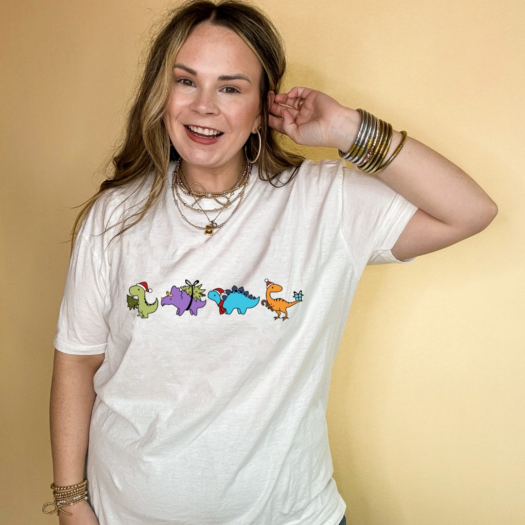 Everyday Style Trend Durable Knit Structure Online Exclusive | Holiday Dinosaur Parade Graphic Tee in Multiple Color Options