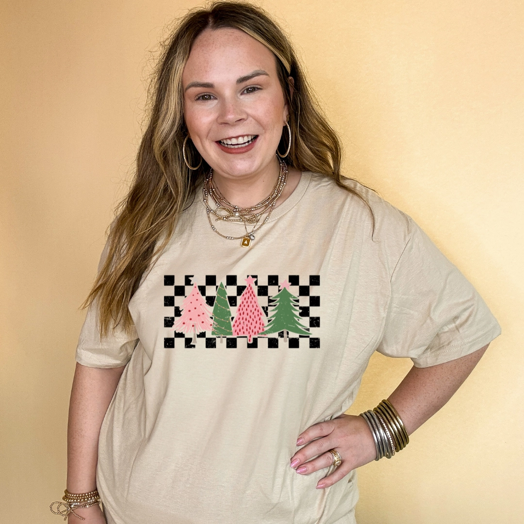 Online Exclusive | Holiday Trees on Checkered Background Graphic Tee in Multiple Color Options Eco Friendly Dye Basic Wear